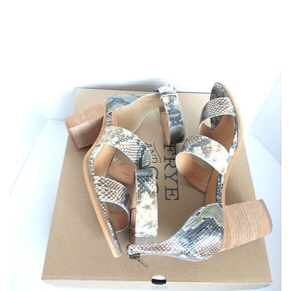 New! FRYE Bryn Stitch Snakeprint Leather Sandals Open-Toe Shoe 3 inch Block Heel - Picture 8 of 11